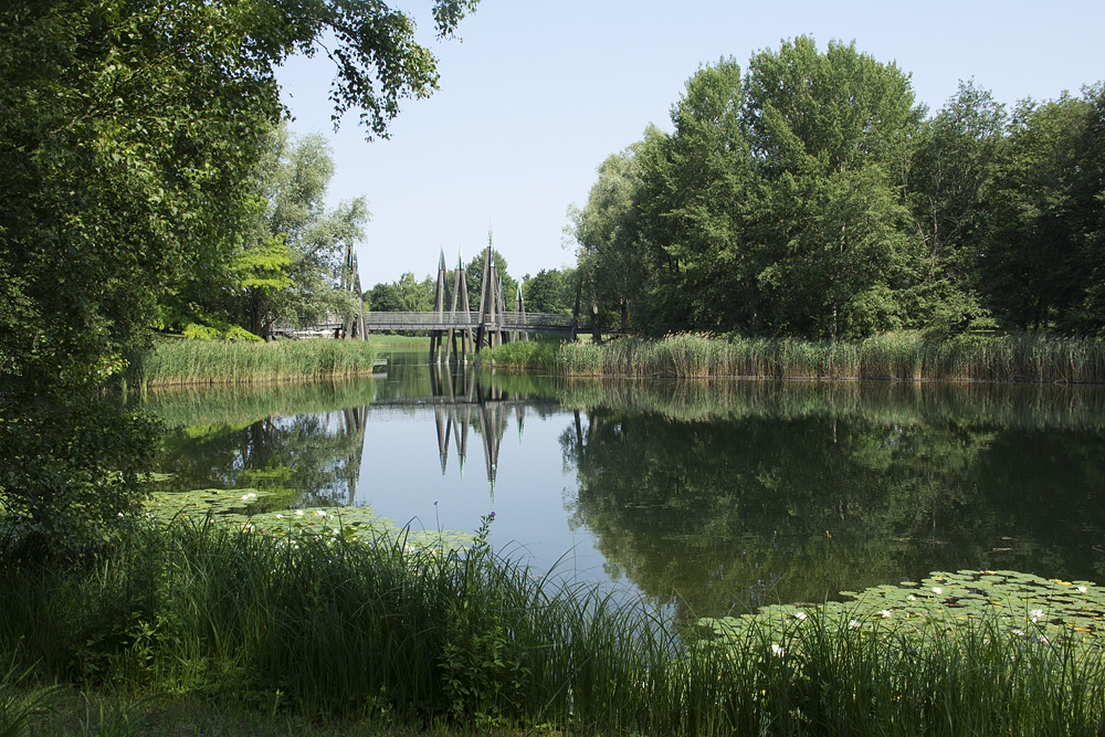 Berlin, Britzer Garten, Großer See und Rhizomatische Brücke