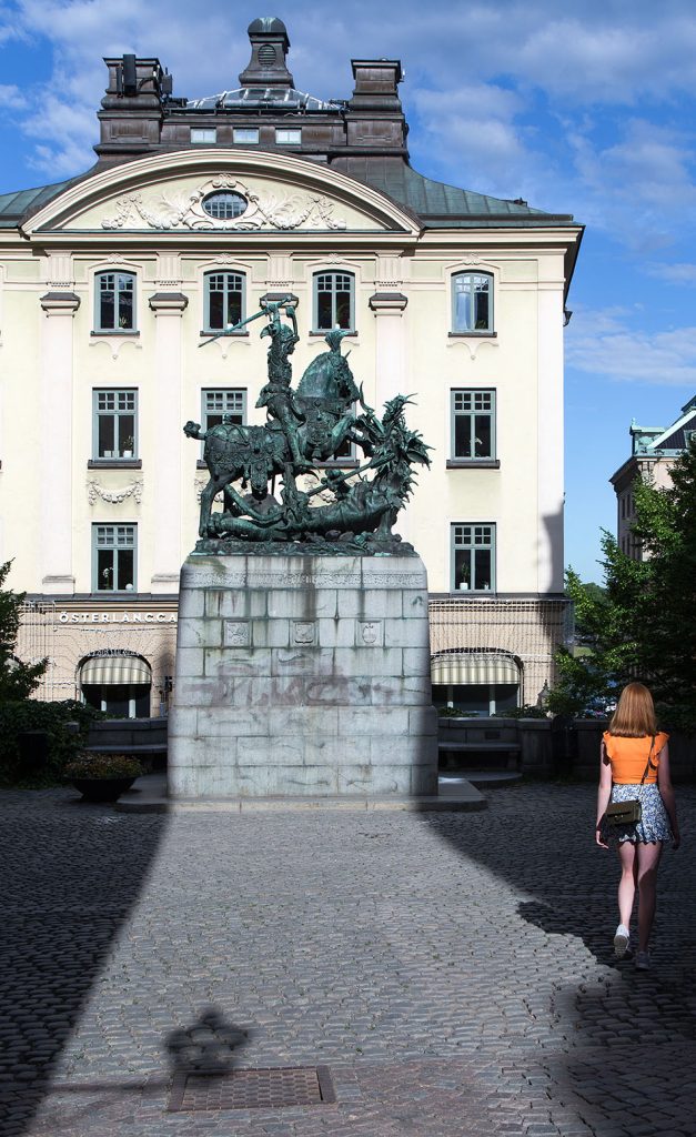 Stocholm, Gamla Stan, Köpmantorget with replica of Saint George and the Dragon by bernt Notke