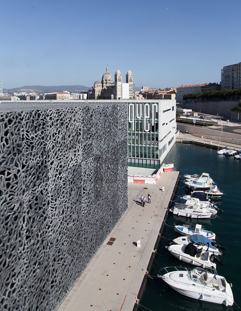 Marseille, Mucem, Musée des Civilisations de l’Europe et de la Méditerranée, View from footbridge to J4, Villa Méditerranée and Cathédrale La Major
