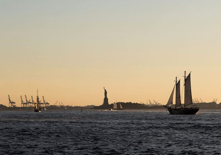 New York City, View from Brooklyn Bridge Park to the Statue of Liberty