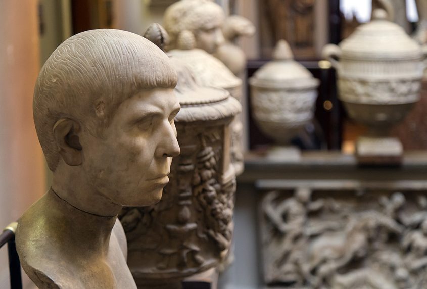 Sir John Soane’s Museum, London, 18th century imitation of a Roman portrait set on an antique bust in the Dome Area