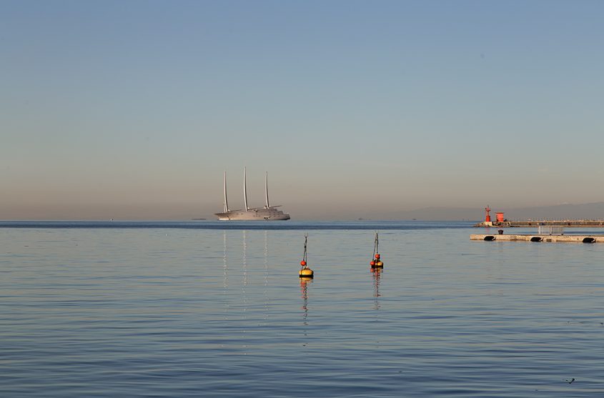 Trieste, Sailing Yacht A, designed by Philippe Starck, in the Gulf of Trieste